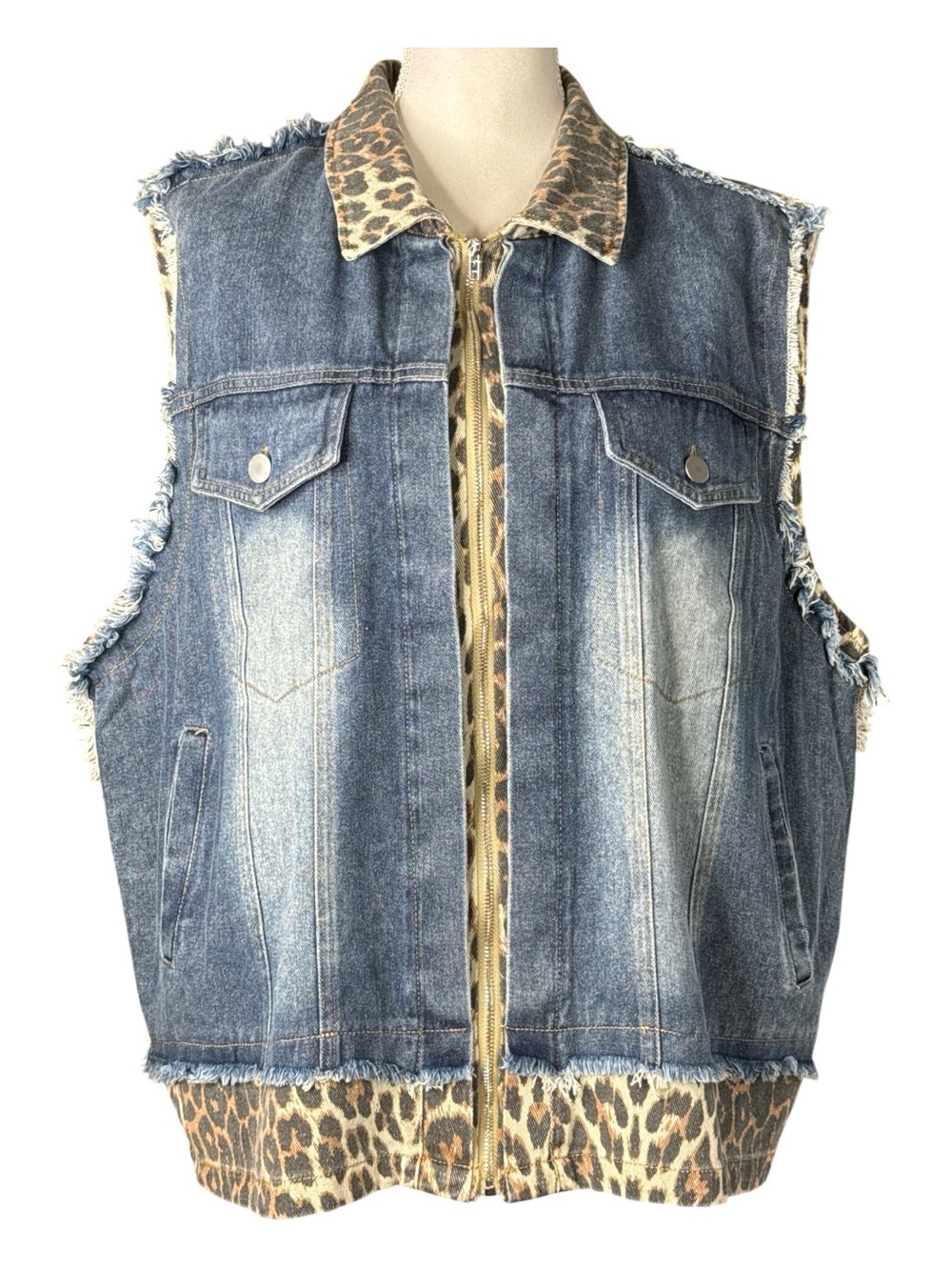 BIBI Leopard Trim Denim Vest